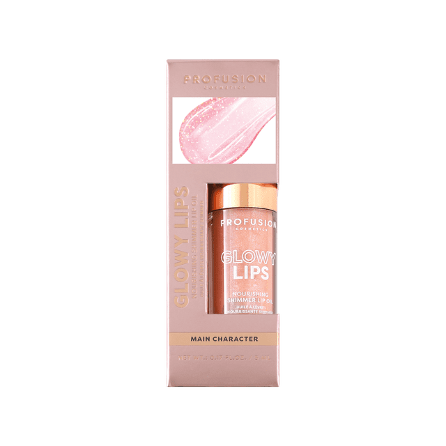 Glowy Lips - Huile pour Lèvres Nourrissante et Scintillante du Personnage Principal par Profusion Cosmetics dans une Boîte Rectangulaire rose avec une Fenêtre Transparente Montrant la Bouteille d'Huile pour les Lèvres avec Bouchon rose Doré, avec une Nuance Scintillante rose sur l'Emballage, une Formule Hydratante, Non Collante Qui Offre une Brillance Miroir et des Lèvres Douces et Lisses.