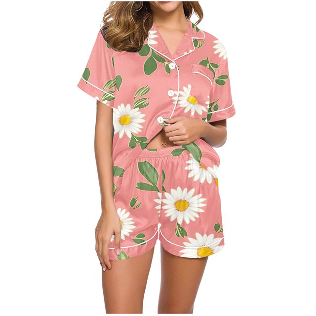 Jamicy Pyjama Super Doux pour Femmes Mode Décontractée Imprimé Haut à Manches Courtes à Col à Revers avec Short Ample Confortable Ensemble de Pyjama pour la Maison