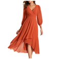 thumbnail image 1 of Plus Size Dresses Chiffon V Neck Long Sleeves Pleated A Line Midi Length Sundress Orange XXL, 1 of 4