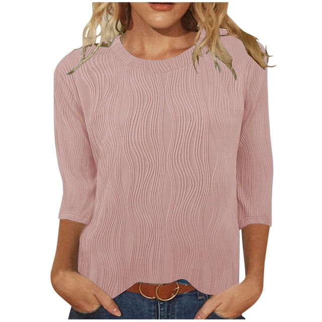 Timegard Hauts d'Été pour Femmes Col Rond Manches 3/4 Couleur Unie Chic Décontracté Chemises Amples Hauts Blouse