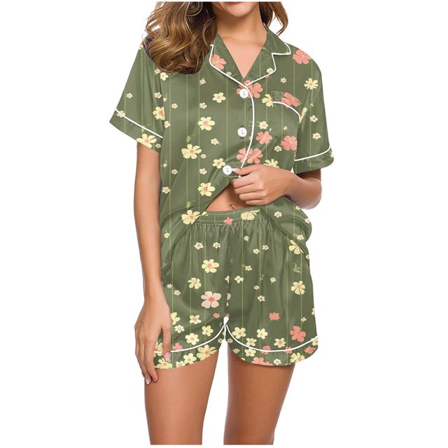 Jamicy Pyjama d'Halloween pour Femmes, Mode Décontractée, Imprimé, Haut à Manches Courtes avec Col à Revers et Short, Ample et Confortable, Ensemble de Pyjama pour la Maison