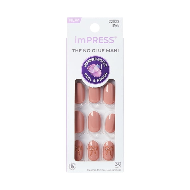 KISS imPRESS Nails - Close to you, Pink and Gold, Oval, Short, 30 Ct showing 30 short oval pink press-on false nails with gold bow designs in a white box with clear window, featuring improved adhesive peel and press technology for easy manicure application.