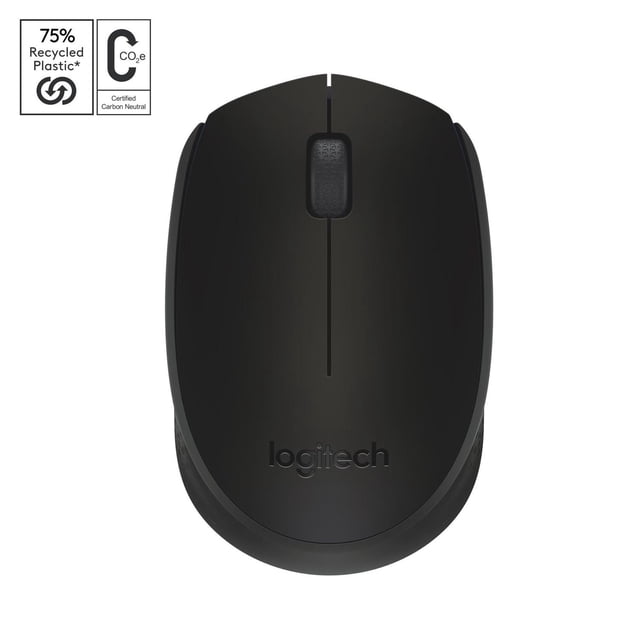 Logitech Wireless Mouse M170 black top view with matte finish, textured scroll wheel, and Logitech logo, made with 75% recycled plastic and certified carbon neutral, featuring 2.4 GHz wireless technology and 12-month battery life, suitable for reliable wireless computer use.