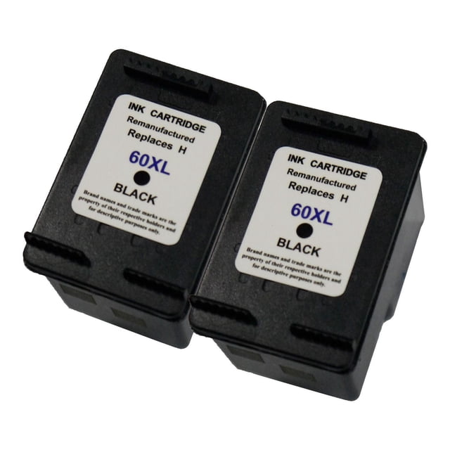 L-ink 2 Pack Compatible HP 60XL High Yield Black Ink Cartridge (CC641WN) showing two black remanufactured ink cartridges with white labels reading 'INK CARTRIDGE Remanufactured Replaces H 60XL BLACK' in blue and black text, designed for use in HP printers and certified for quality and efficiency in printer toner and cartridges.