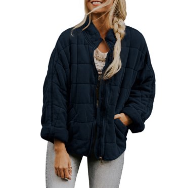 Honganda Women Stand Collar Long Sleeve Solid Color Full Zip Quilted Jackets