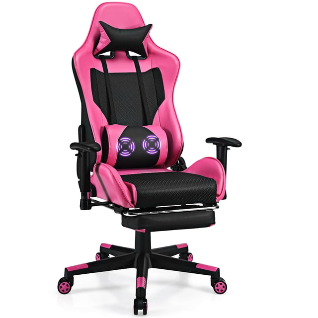 Costway Chaise de Jeu de Massage Inclinable de Course pour Bureau et Ordinateur avec Repose-Pieds en Rose. Comprend un Dossier Haut, une Hauteur de Siège Réglable, un Dossier Inclinable de 90 à 180 Degrés et un Repose-Pieds Rétractable. Comprend un Coussin Lombaire de Massage Alimenté par USB et un Appuie-Tête pour un Confort Accru. Fabriquée avec une Éponge à Haute Densité et du Cuir PVC pour une Durabilité et un Nettoyage Facile. Équipée de Cinq Roues à Roulement Fluide pour une rotation à 360 Degrés et une Mobilité Accrue.