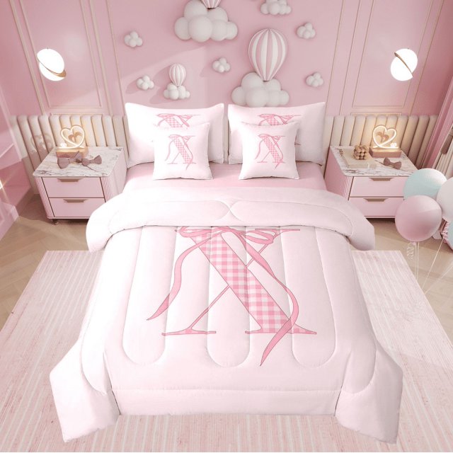 Erosebridal Literie Princesse Nœud Taille Simple, Lit Buffalo Rose en Sac Taille Simple, Décor Initiale X Lettre, Réversible 7 Pcs