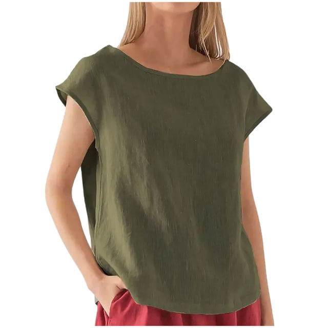 Penkiiy Blouse en Lin pour Femme à Manches Courtes, Col Ras du Cou, Hauts d'Été Décontractés, Coupe Ample, 2TG, Vert Armée