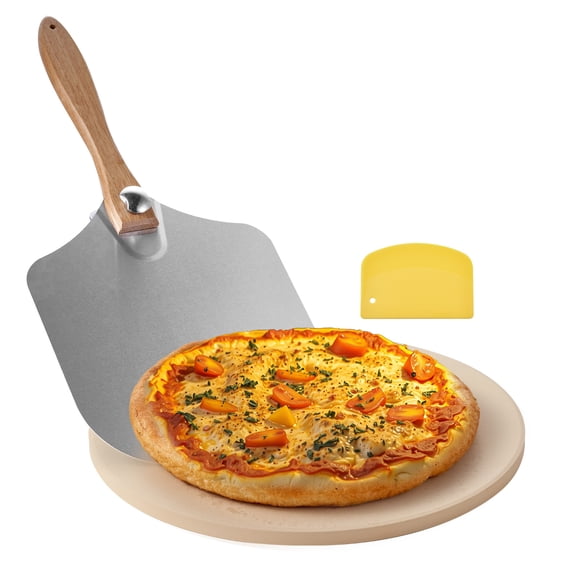 VEVOR Pierre à Pizza, Pierre à Pizza Ronde de 15 Po, Grande Pierre de Cuisson en Cordiérite de 0,67 Po avec Pelure Métallique, Grattoir, Pierres de Cuisson Résistantes à la Chaleur à 1450 °F, pour Four de Cuisine, Cuisson de Pizzas, Grillades au BBQ