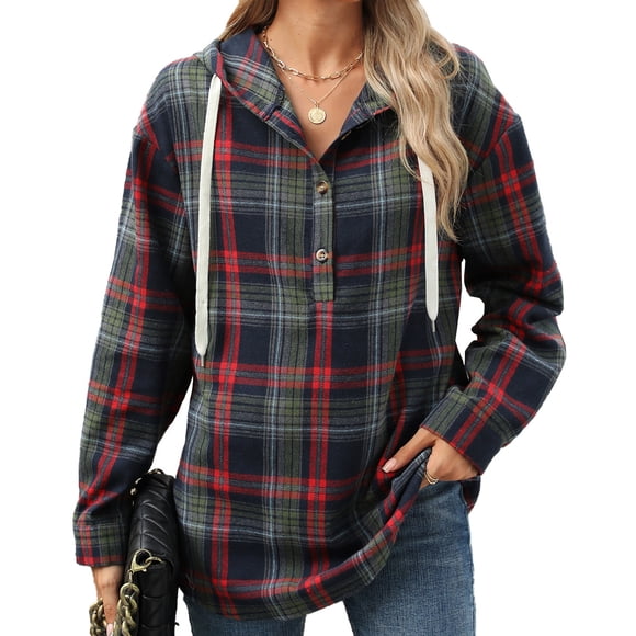 Plaid Hoodies for Women Button Down V Neck Loose Solid Color Long Sleeve Casual Pullover Hooded Sweatshirt Tops