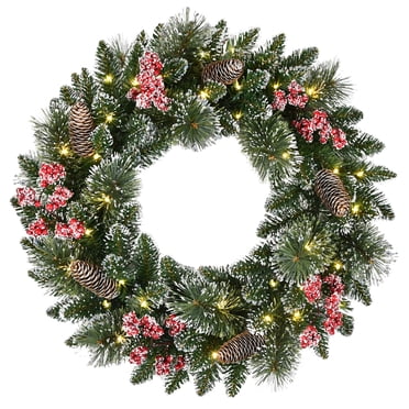 Holiday Time 24" Pre-lit Frosted Christmas Artificial Wreath, Green