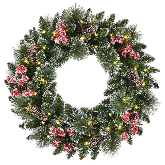Holiday Time 24" Pre-lit Frosted Christmas Artificial Wreath, Green