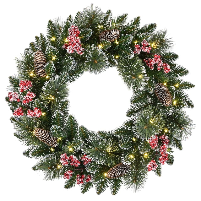 Holiday Time 24" Pre-lit Frosted Christmas Artificial Wreath, Green