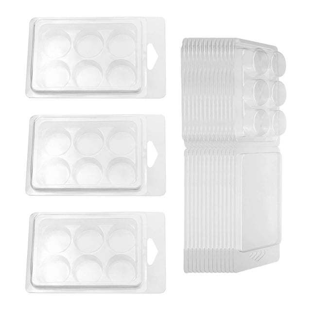 simhoa 100pcs shell-shaped candle melts, wickless tart candles, and candle making supplies. The image shows clear, round clamshell molds made of PP material, each measuring 11.5 cm x 7.5 cm (4.53 inches x 2.95 inches). These sturdy molds have six round cavities and are designed for creating candles or DIY chocolates. The stack of molds is displayed alongside individual pieces, highlighting their transparent design and durability.