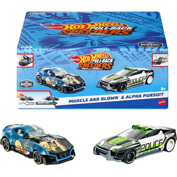Hot Wheels Pull-Back Speeders 2 Toy Cars in 1:43 Scale, Pull Cars Backward & Release to Race - Styles May Vary