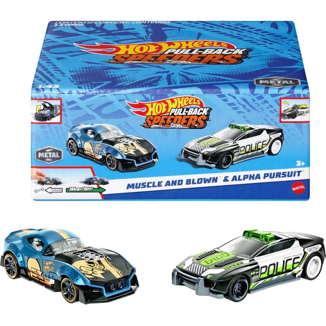 Hot Wheels Pull-Back Speeders 2 Voitures Jouets à l'Échelle 1:43 avec des Modèles de Muscle et de Poursuite Soufflée et Alpha, des Corps Moulés sous Pression en Métal, des Capuchons Interactifs Qui s'Ouvrent et des Moteurs à Rétrofriction pour la Course sur les Planchers et les Tapis, Emballées dans une Boîte Bleue avec la Marque Hot Wheels et des Graphiques de Course, Convenant aux Enfants de 3 Ans et Plus.
