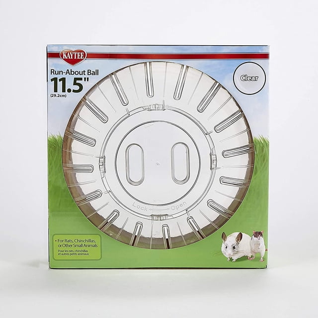 Kaytee Run-About Exercise Ball for Hamsters & Gerbils, Clear, 11.5-Inch clear 11.5-inch (29 cm) plastic exercise ball, centered front view showing smooth spherical shell; for supervised hamster and gerbil exercise and as a temporary holding area during cage cleaning, often used for short supervised exploration.
