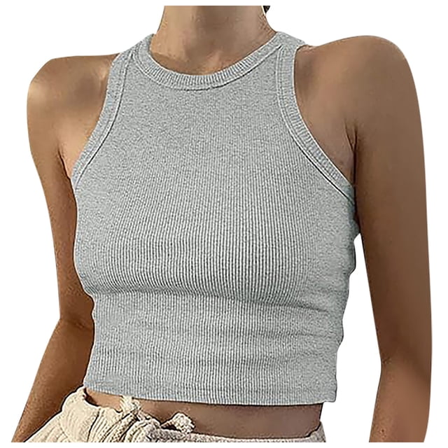Hauts Courts Unis Débardeur pour Femme Couleur Sans Manches Col Rond Blouse pour Femme