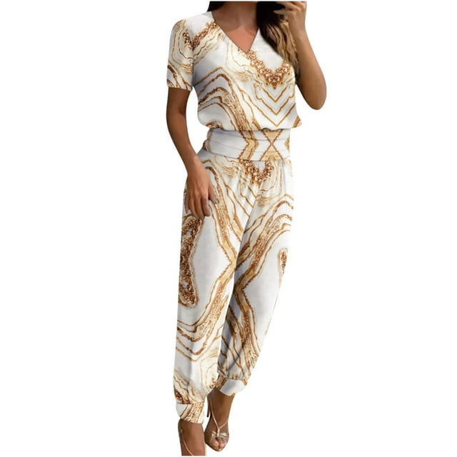 Ensemble 2 Pcs pour Femmes Été Col Uni Manches Courtes Blouse Haut + Pantalon Ample avec Poches