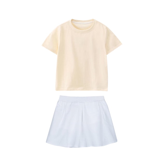 Cheerleading Performance Dress for Girls, 2-Piece Short Sleeve T-shirt and Elastic Waist Skirt Set, Solid Color, Stretch Polyester Spandex Blend, Round Neck, Casual Style, For Ages
