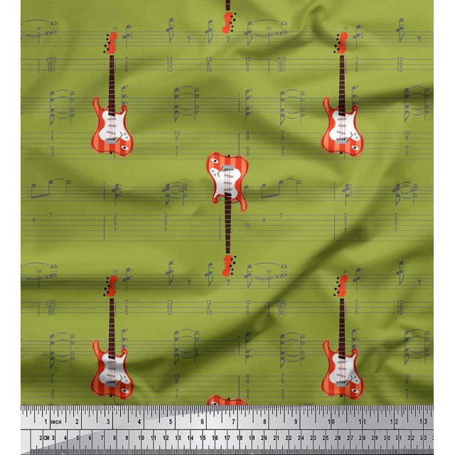 Soimoi Green Cotton Jersey Fabric Notes & Guitar Musical Instrument Printed Craft Fabric by the Yard 58 Inch Wide
