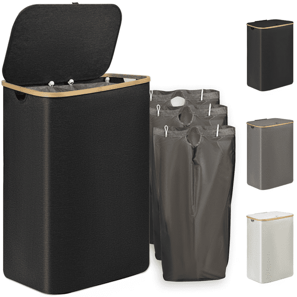 160L Large Laundry Baskets with Lid & 3 Sortable Bags Collapsible,Laundry Hamper Washing Baskets with Bamboo Handles, Dirty Clothes Basket Bin,Waterproof,Odorproof,Black