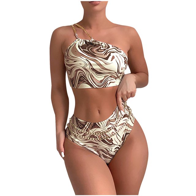 Womens Two Piece Swimsuits One Shoulder Print Bathing Suit High Waisted Bikini Swimwear
