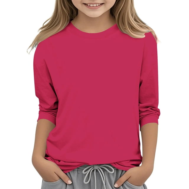 Plebaso Garçons Filles T-Shirts à Manches 3/4 Col Rond Blouse T-Shirt Basique Hauts Décontractés Unis T-Shirts Légers