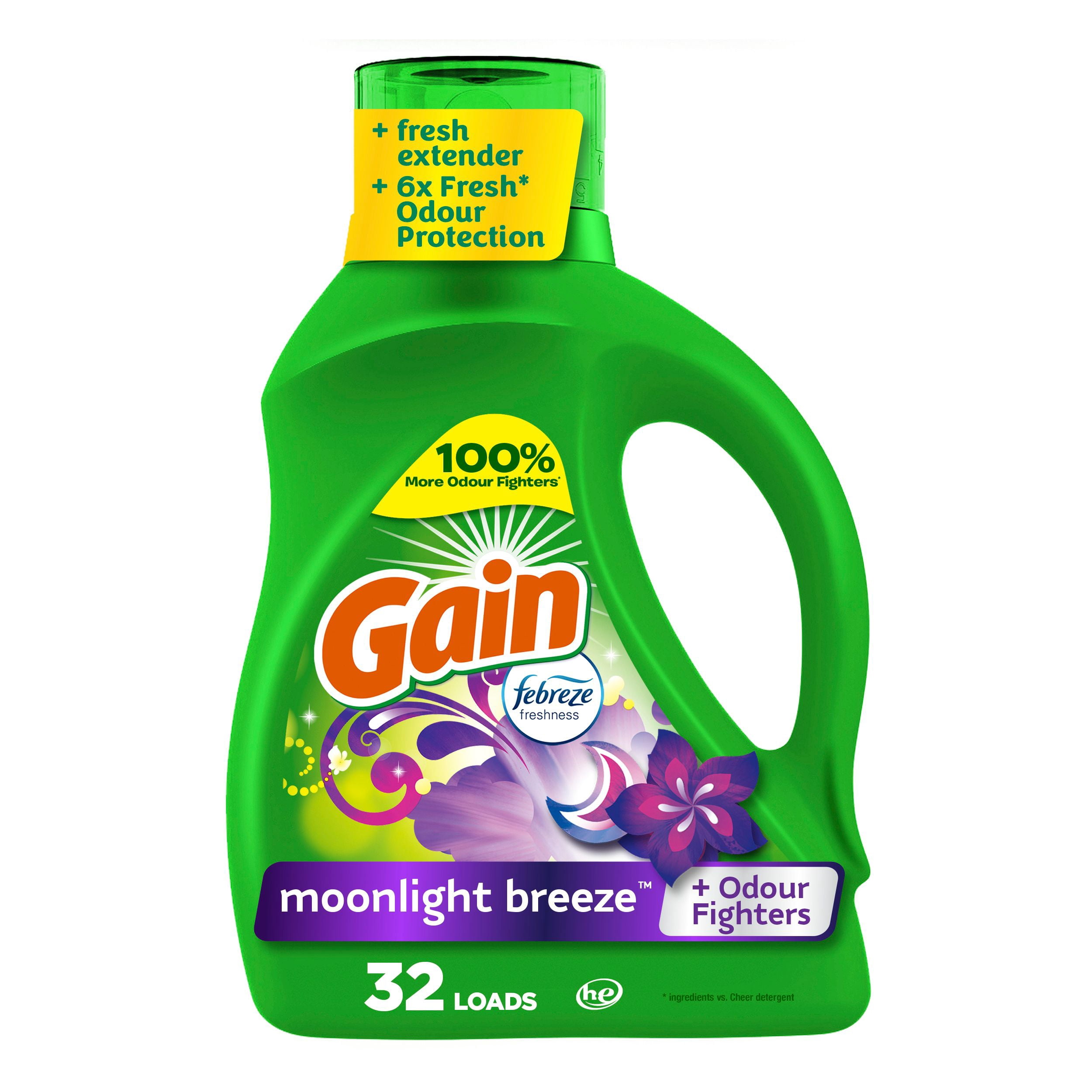 Gain Liquid Laundry Detergent, Moonlight Breeze Scent, 1.24 L, 32 loads, Freshness + Odour Fighting, High efficiency washing machine iquid cleaning soap