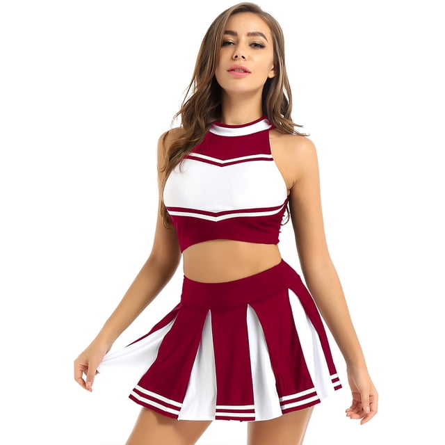 Oyolan Ensemble d'Uniforme de Cheerleader Sans Manches pour Femmes Adultes Jupe Plissée Mini Rouge Vin TG