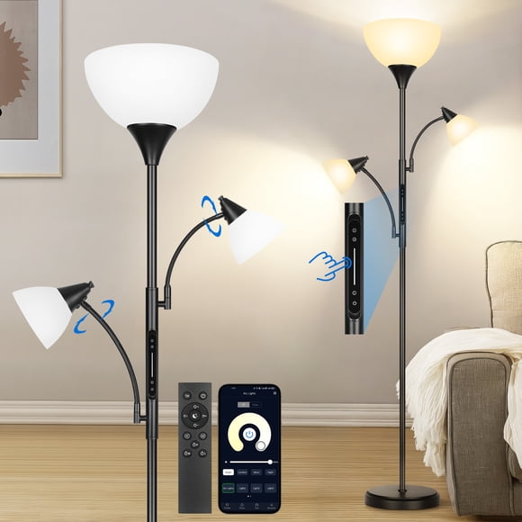 OUTON Torchiere Floor Lamps avec 3 Têtes de Lampes de Lecture Réglables, Lampes Modernes Hautes pour Salon, Chambre, Bureau, Lampe sur Pied Super Lumineuse avec 3 Ampoules