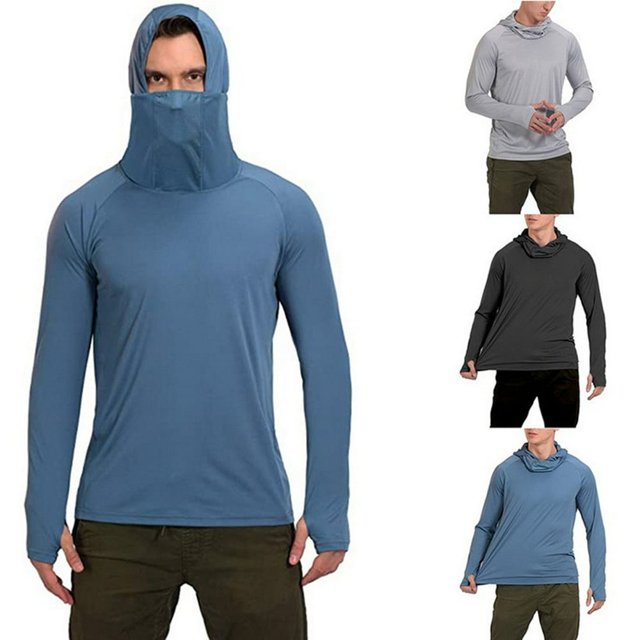 Chemise de Pêche Couleur Unie à Capuche Homme Mince Légère Extensible avec Trou pour le Pouce pour Randonnée Escalade Cyclisme en Plein Air