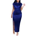 thumbnail image 1 of AherBiu Robe en Satin pour Femmes Élégante à Manches Cap, Col Montant, Froncée, Fendue, Soirée, Cocktail, Maxi, 1 of 5
