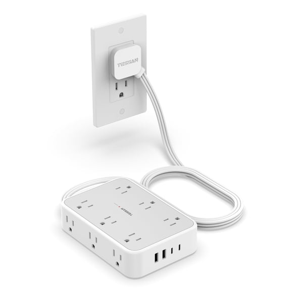 TESSAN Flat Plug Power Bar, Surge Protector Extension Cord 5FT with 12 AC Outlets Extender and 4 USB Ports (2 USB C), Multiple Power Strip