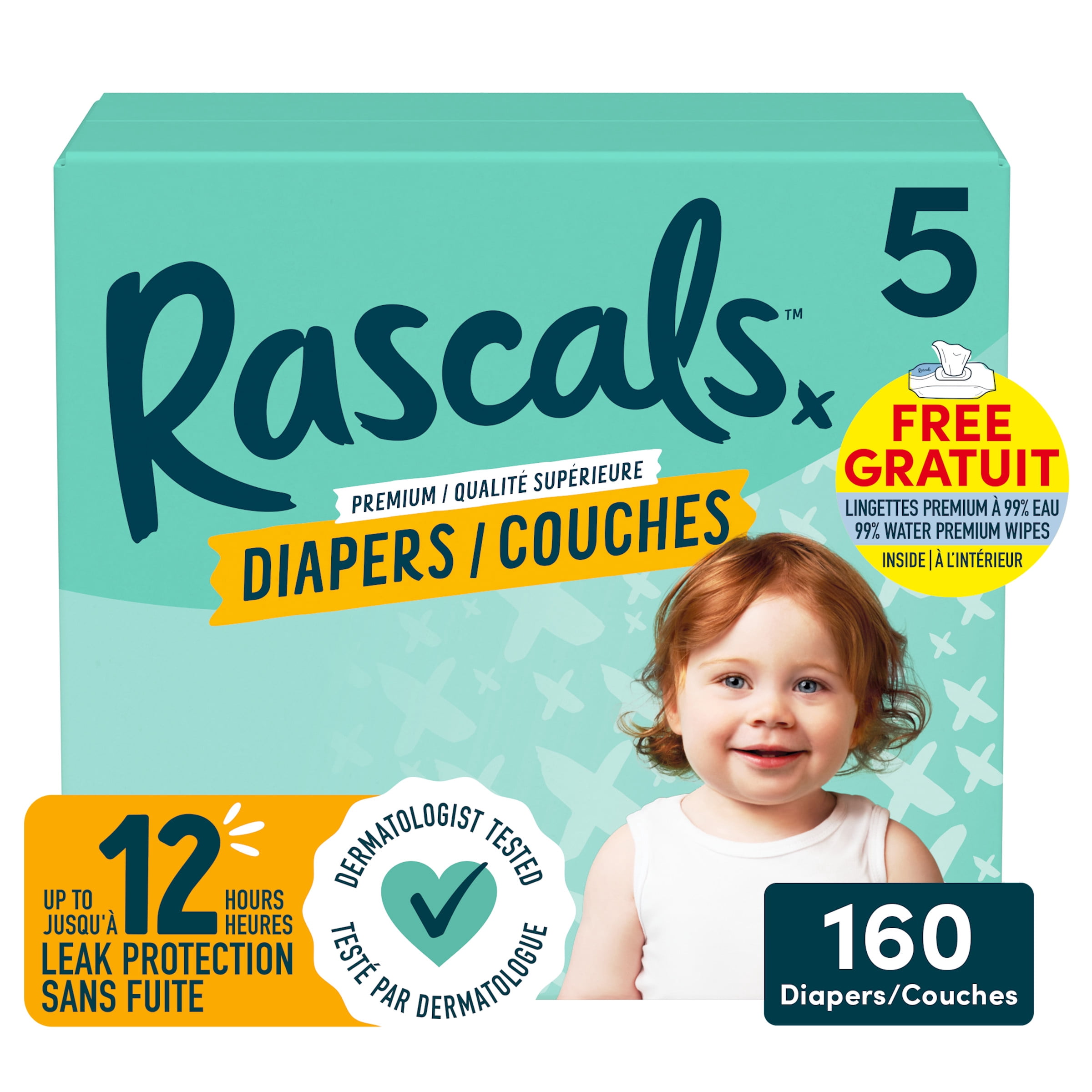 Couches Rascals Premium, taille 5, 160 unités, incluant 5 paquets de Lingettes premium à 99% eau