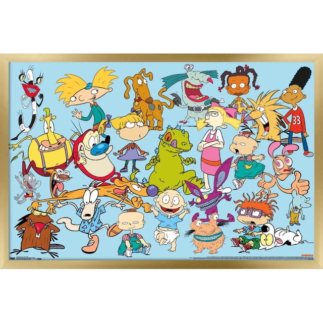 Affiche Murale de Personnages Nickelodeon, 14,725 Po x 22,375 Po Encadrée, Présentant un collage vibrant de Personnages de Dessins Animés Nickelodeon Emblématiques, Y Compris Arnold de Hey Arnold!, Ren et Stimpy, Rocko, Tommy Pickles, Chuckie Finster, Angelica Pickles et CatDog, sur Fond Bleu Pâle, Idéal pour l'Art Mural, la Déco de Chambre d'Enfant, la Décoration de Fête Ou comme Cadeau.