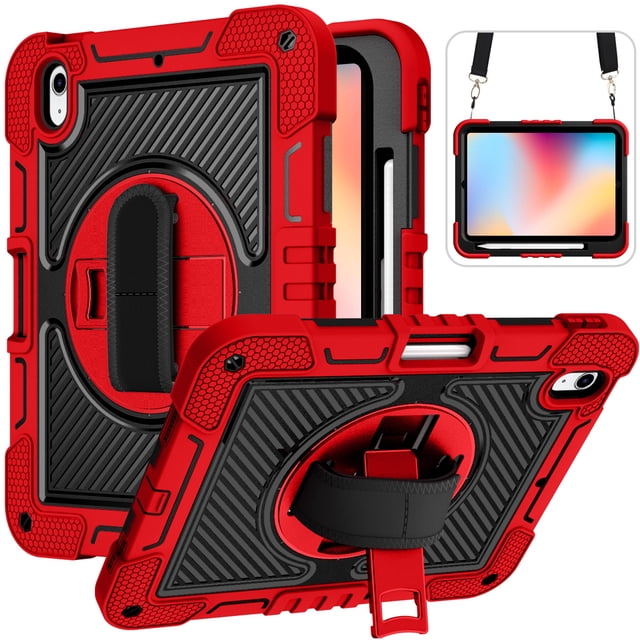 Tablet Case For Samsung Galaxy Tab A9 Plus S9 FE S8 PLUS A7 Lite S6 P610 A8 X200 X205 360 Rotation Hand Strap&Kickstand Cover Red Black -SP Tab S6 Lite P610
