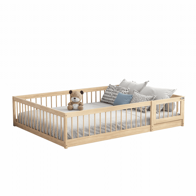 MIMI BEDS Dream Raft Floor Bed with Guardrails, Solid Pine Wood Frame, Double, Natural