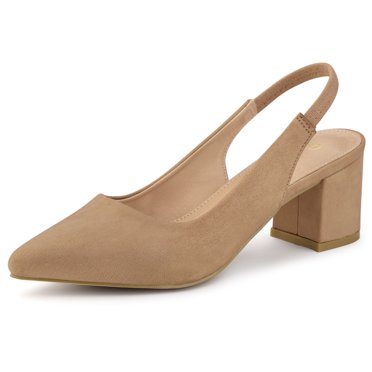 BLISSFUL STEP Escarpins à Talons pour Femmes à Bout Pointu à Talon Bloc Slingback en Faux Suède Nude 9,5