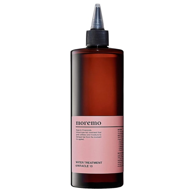 MOREMO Water Treatment Miracle 10, a 480ml (16.2 oz) bottle for damaged hair and scalp treatment, featuring a sleek amber-colored container with a pointed nozzle cap for precise application. The label highlights its silicon-free formula, 10-second speed care, and moisturizing ingredients for thin and damaged hair.