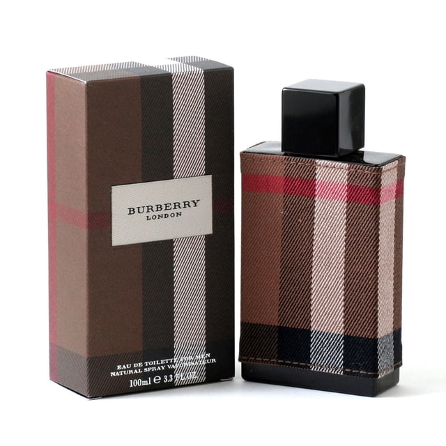 BURBERRY LONDON MEN- EDT SPRAY (CLOTH) 98mL showing a rectangular men's eau de toilette bottle wrapped in Burberry's classic brown, black, white, and red check fabric with a glossy black square cap, next to its matching box labeled Burberry London and marked 100ml.