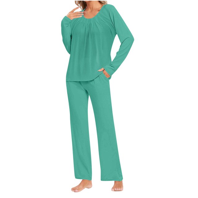 Timegard Womens Pajamas Sets Comfy Ruched Long Sleeve Round Neck Top and Pants Fall Loose Pjs Outfits