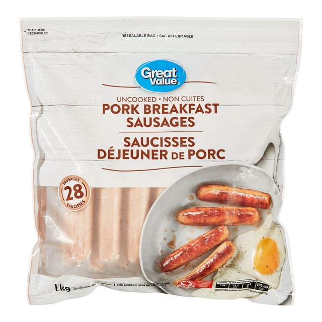 Great Value Pork Breakfast Sausages 1 kg resealable bag showing uncooked pale pink pork sausages through a clear window, with bilingual English and French text and a photo of cooked sausages with a fried egg, suitable for frozen breakfast meals.
