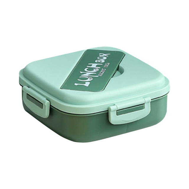 Bento Lunch Box, a green food-grade polypropylene lunch box with a 1100ml capacity. Features a compact design measuring 19x19x7.5cm, leak-proof seal, and three compartments for organizing meals. Includes cutlery and is microwave, dishwasher, and refrigerator safe.