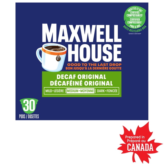 Maxwell House Decaffeinated Coffee Certified Compostable K-Cup® Coffee Pods box with 30 medium roast pods, featuring a blue background, white coffee cup illustration, bilingual English and French text, green compostable certification label, and a red maple leaf indicating preparation in Canada.