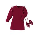 thumbnail image 1 of Penkiiy Robe de Princesse Rouge Hiver Rouge Col Rond Manches Bouffantes Robe Ornée de Perles et Sac Nœud 4-7 Ans 4-5 Ans Rouge, 1 of 8
