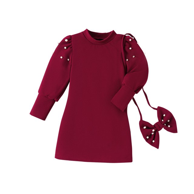 Penkiiy Robe de Princesse Rouge Hiver Rouge Col Rond Manches Bouffantes Robe Ornée de Perles et Sac Nœud 4-7 Ans 4-5 Ans Rouge