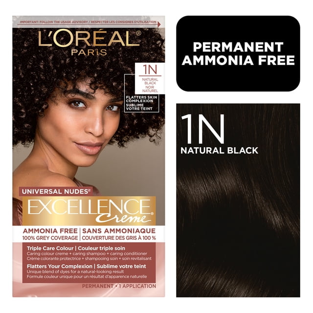 Oréal Paris Excellence Crème L' Nudes Universels Teinture Capillaire Permanente Sans Ammoniaque en Teinte Noire Naturelle 1N, Montrant la Boîte du Produit avec un Échantillon de Cheveux Noirs Naturels, Mettant en Valeur une Couverture de 100 % des Cheveux Gris et un triple Système de Soins Comprenant une Crème de Couleur Protectrice, un Shampoing et un Revitalisant pour des Cheveux d'Apparence Naturelle et Saine.