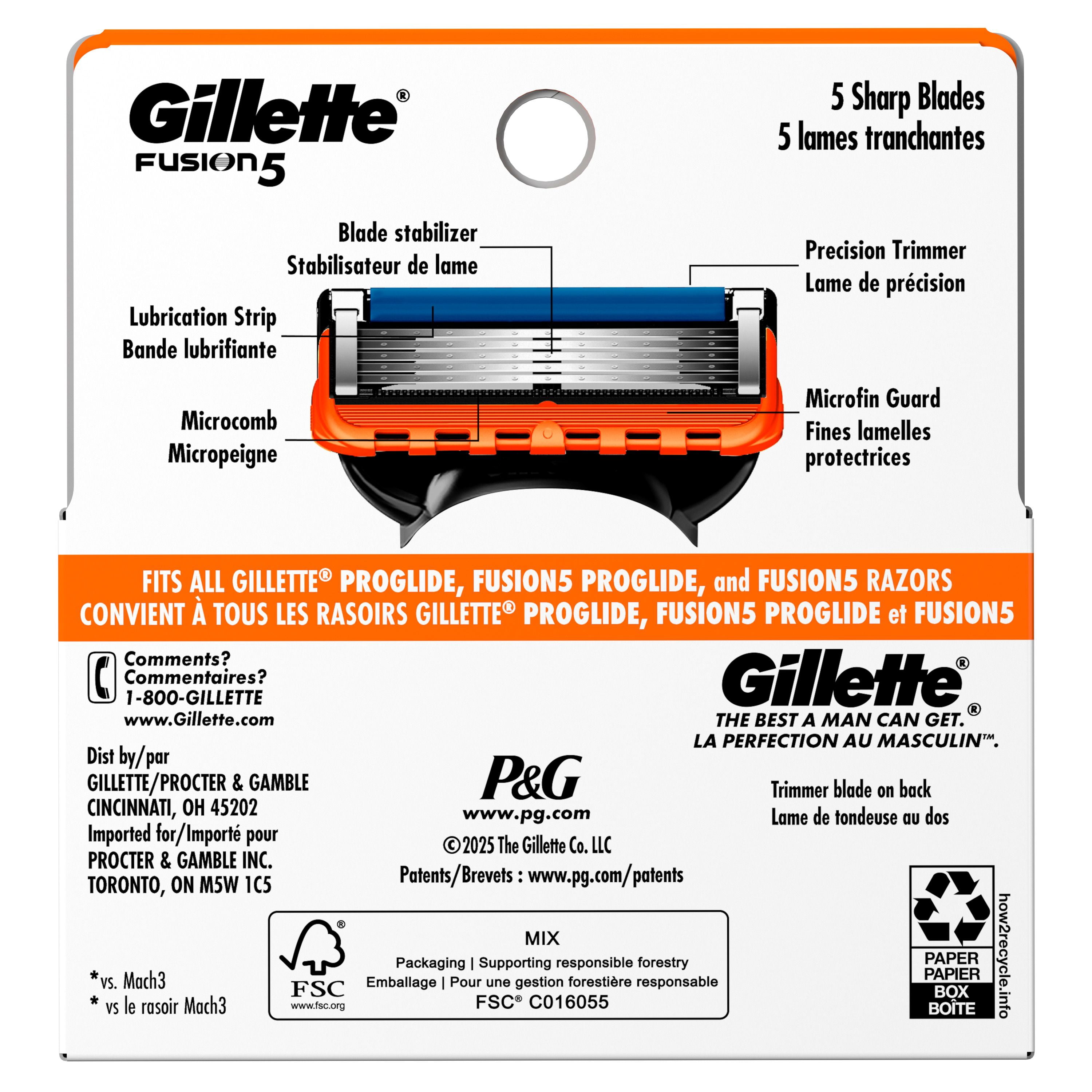 Gillette Fusion5 Recharges de Rasoir pour Hommes Cartouches de Rasoir, Bande Lubrifiante, Lame de Précision pour Hommes, Lames de Rasoir à 5 Lames pour un Rasage de Près 4ct