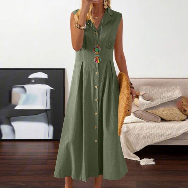 Ovzne Robes Grande Taille pour Femmes aux Courbes Robe Femme Été Coton et Lin Couleur Unie Décontractée Col Rabattu Sans Manches Robe à Boutons Robe Grande Taille Liquidation